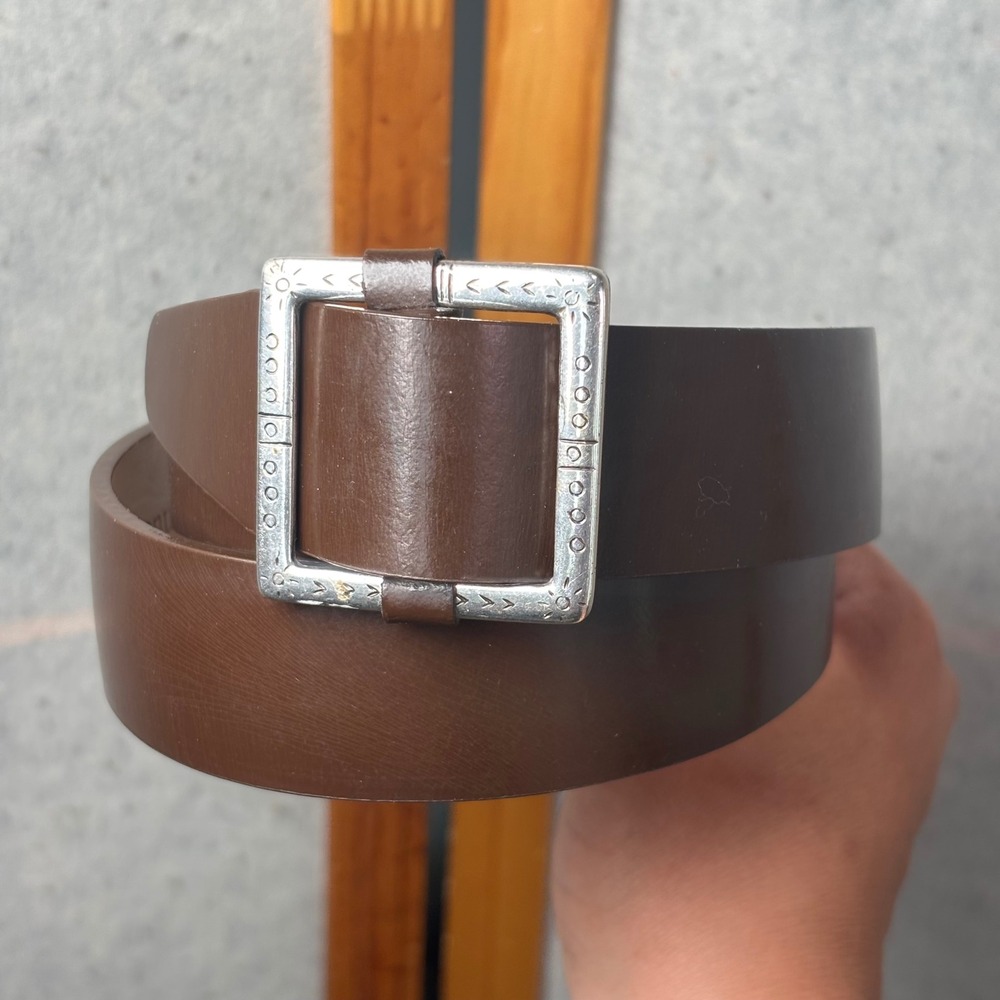 Saks Fifth Avenue Leather Belt Medium Brown Engraved Silver Square Buckle USA